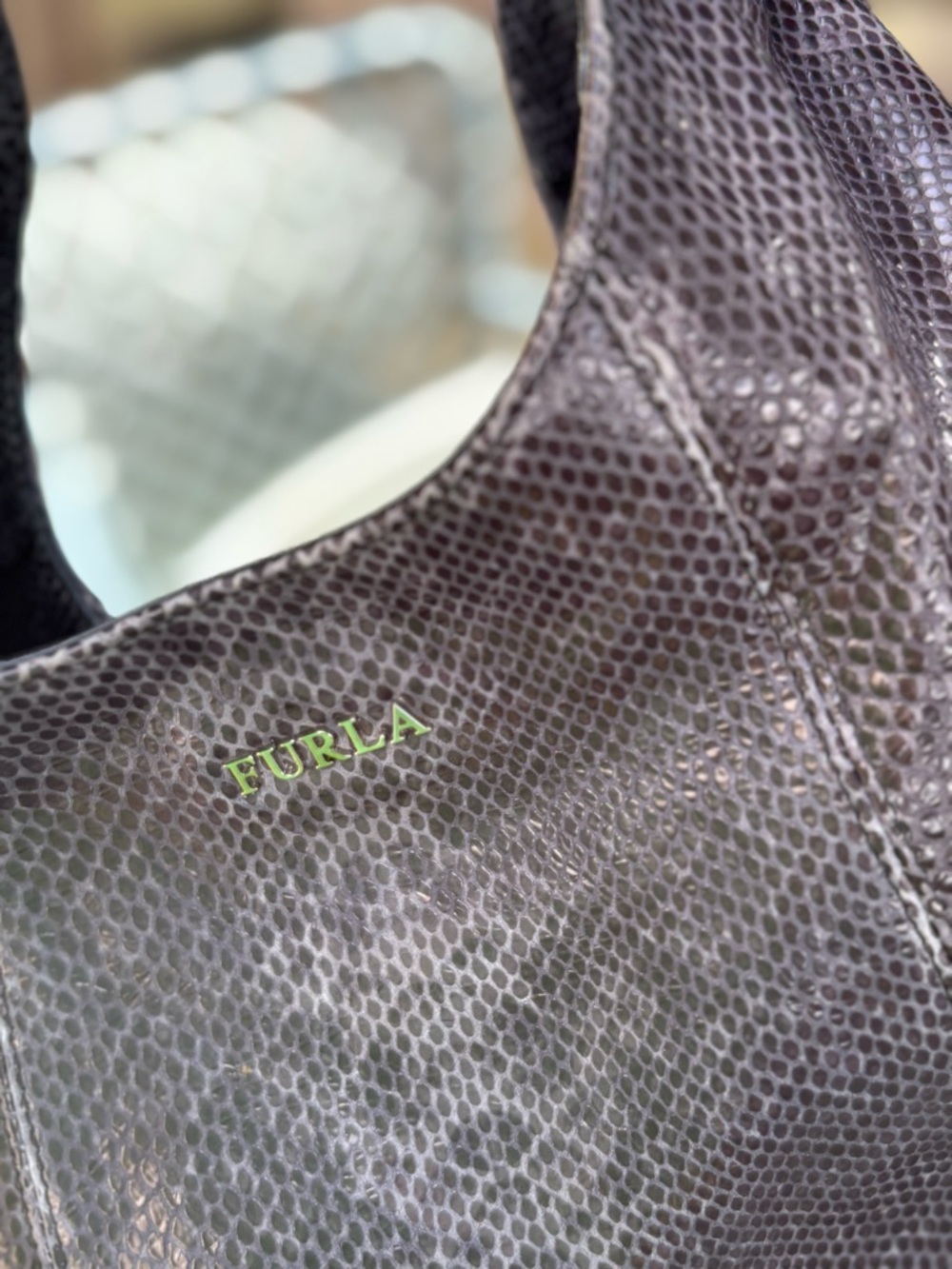 Furla gray embossed Italian leather Knotted-Handle snake print Shoulder Bag NWT - Picture 5 of 9